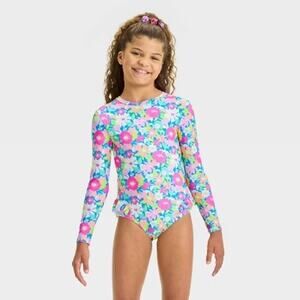 Cat & Jack NWT Girls' Floral Printed One Piece Swimsuit Rash Guard L (10/12)